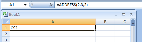 Input the formula: =ADDRESS(2,3,2)