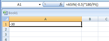 =ASIN(-0.5)*180/PI()