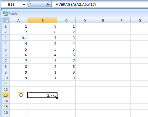 Input the formula: =AVERAGEA(A2:A5,A17)