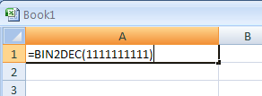 =BIN2DEC(1111111111) converts binary 1111111111 to decimal (-1)