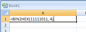 =BIN2HEX(11111011, 4) converts binary 11111011 to hexadecimal with 4 characters