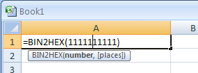=BIN2HEX(1111111111) converts binary 1111111111 to hexadecimal