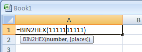 Input the formula: =BIN2HEX(1111111111)