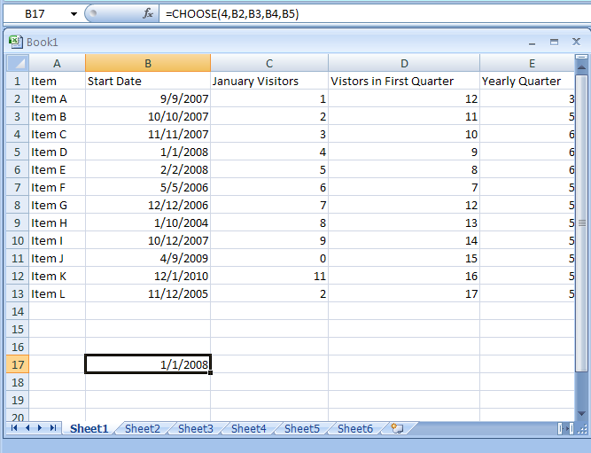 Input the formula: =CHOOSE(4,B2,B3,B4,B5)