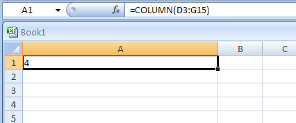 Input the formula: =COLUMN(D3:G15)