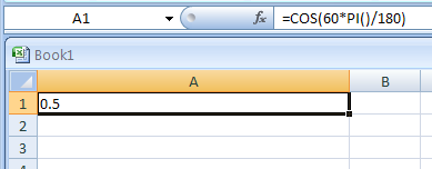 Input the formula: =COS(60*PI()/180)