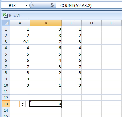 Input the formula: =COUNT(A2:A8,2)