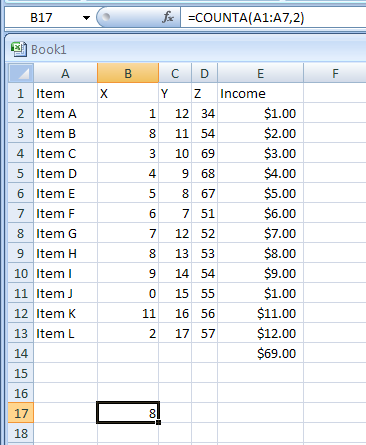 Input the formula: =COUNTA(A1:A7,2)