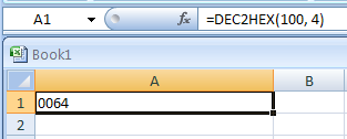 =DEC2HEX(100, 4) converts decimal 100 to hexadecimal with 4 characters