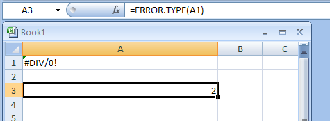 Input the formula: =ERROR.TYPE(A1)