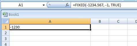 Input the formula: =FIXED(-1234.567, -1, TRUE)