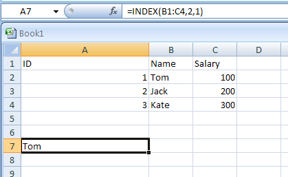 =INDEX(B1:C4,2,1) gets the value at the intersection of the second row and first column in the range