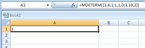 =MDETERM({3,6,1;1,1,0;3,10,2}): Determinant of the matrix as an array constant