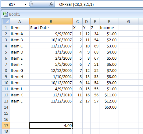 =OFFSET(C3,2,3,1,1) displays the value in cell F5