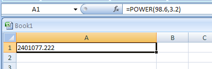 Input the formula: =POWER(98.6,3.2)