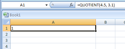 Input the formula: =QUOTIENT(4.5, 3.1)