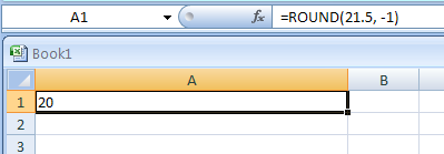 Input the formula: =ROUND(21.5, -1)