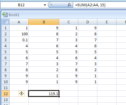 Input the formula: =SUM(A2:A4, 15)