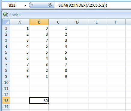 =SUM(B2:INDEX(A2:C6,5,2)) sums the range starting at B2 and ends at the intersection of the fifth row and the second column of the range A2:A6