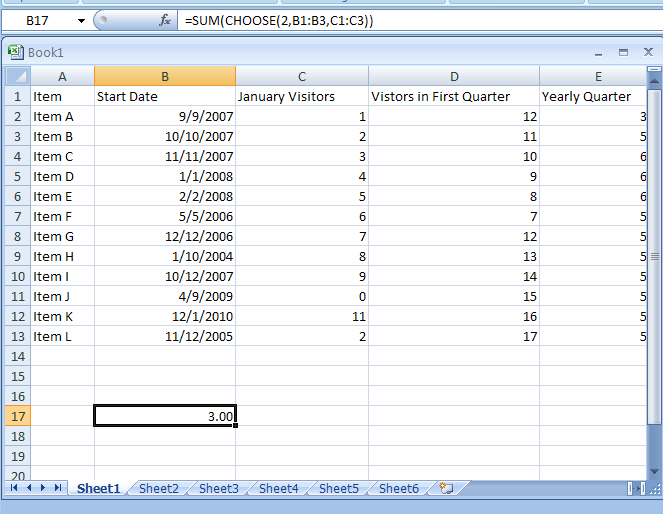 Input the formula: =SUM(CHOOSE(2,B1:B3,C1:C3))