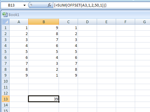 Input the formula: =SUM(OFFSET (A3,1,2,50,1))