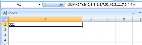 Input the formula: =SUMX2PY2({2, 3, 9, 1, 8, 7, 5}, {6, 5, 11, 7, 5, 4, 4})