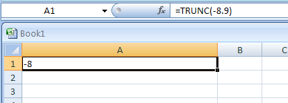 Input the formula: =TRUNC(-8.9)