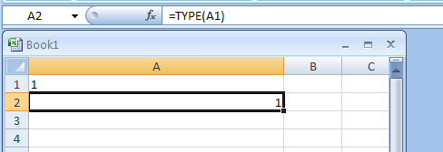 Input the formula: =TYPE(A1)