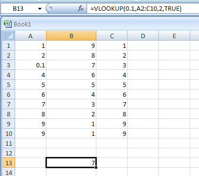 =VLOOKUP(0.1,A2:C10,2,TRUE)