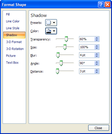 To customize a preset shadow, click the Presets button, and then select a starting shadow.