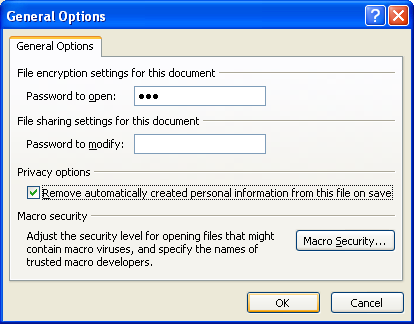 Select Remove automatically created personal information from this file on save. Click OK.