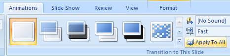 To apply the settings to all slides, click the Apply To All button.