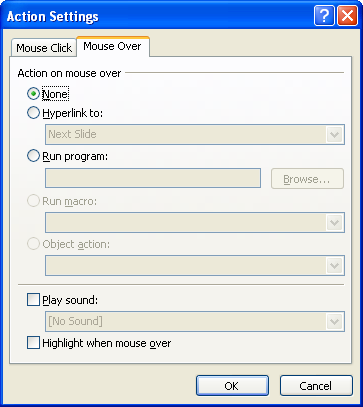 In the Mouse Over tab, choose how you want your text or image to respond when a presenter mouses over it.