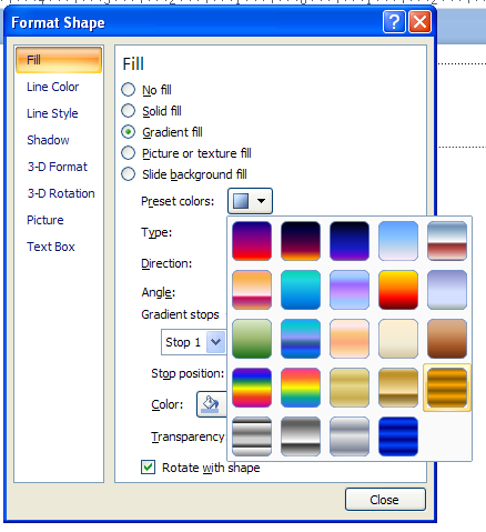 Click the Preset colors button arrow, and then select the built-in gradient fill.