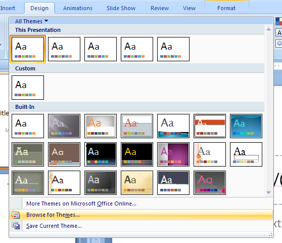 Select the slide with the slide master. Click the Design tab. Click the More list arrow in the Themes gallery, and then click Browse for Themes.