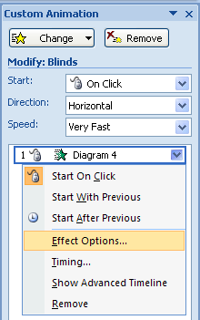 Use the Modify Effect options in the Custom Animation task pane to further modify the effect.