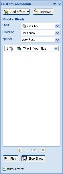 Use the Modify Effect options in the Custom Animation task pane to further modify the effect.