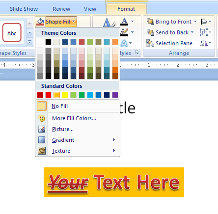 Click the WordArt text. Click the Format tab under Drawing Tools. Click the Text Fill button. Color to select a theme or standard color.