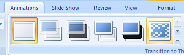 Click the scroll up or down arrow, or click the More list arrow in the Transition To This Slide group to see additional transitions.