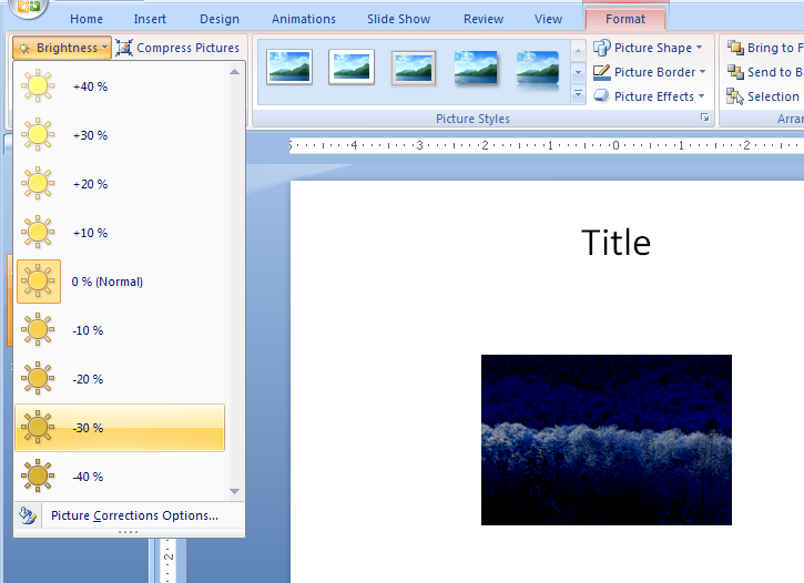Click the picture. Click the Format tab under Picture Tools. Click the Brightness button. Click a positive brightness.