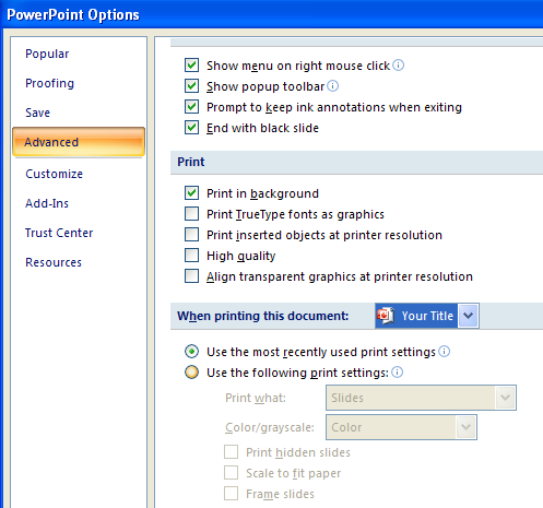 Use the following print settings. Similar to the Print dialog box.