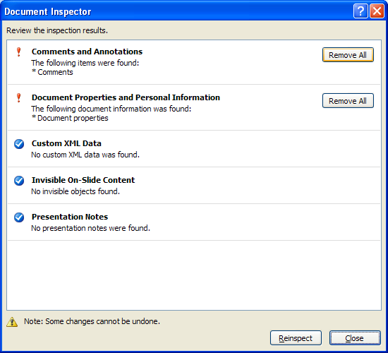 Click Remove All for each inspector module to remove hidden data and personal information.