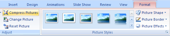 Click to select the pictures. Click the Format tab under Picture Tools. Click the Compress Pictures button.
