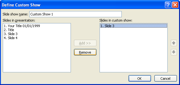 To remove a slide, select it in the Slides In Custom Show list, and then click Remove.