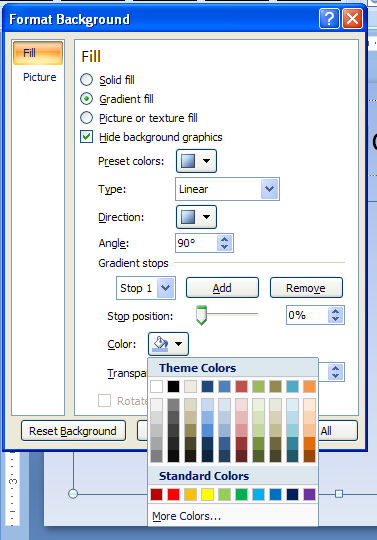 Add or remove gradient stops, select a color, and then drag the Stop position slider to specify a percentage.