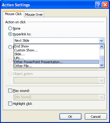 Click the list arrow, and then click Other PowerPoint Presentation from the list of hyperlinks.