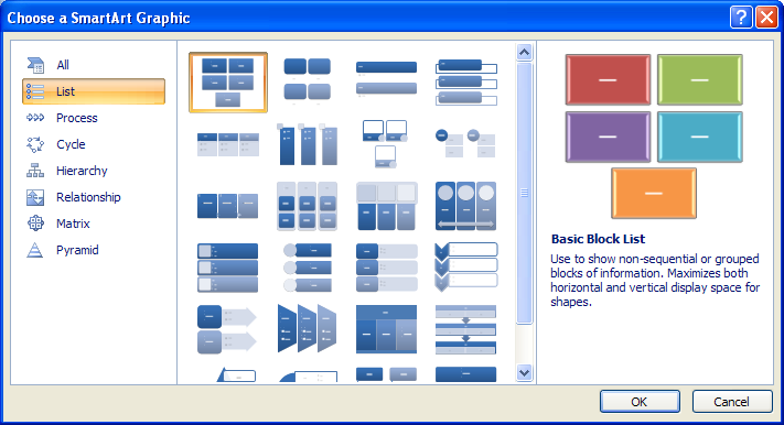 Click a category, then click a SmartArt graphic style type. Click OK.