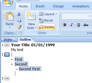 In the Outline view, select the slide. Press Delete, or click the Delete button in the Slides group on the Home tab.