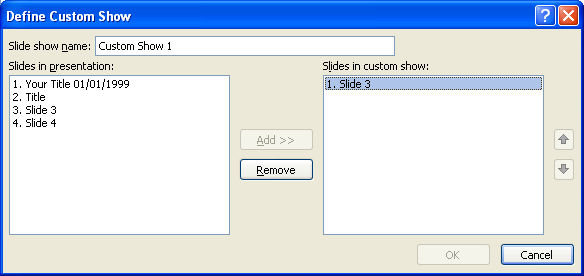 To remove a slide from the show, click the slide in the Slides in custom show list, and then click Remove.