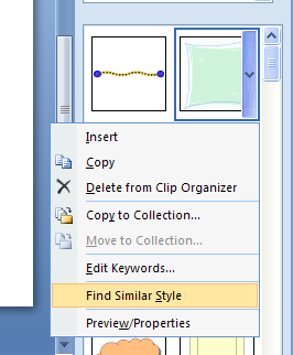 In the Clip Art task pane, click the list arrow next to the clip, and then click Find Similar Style.